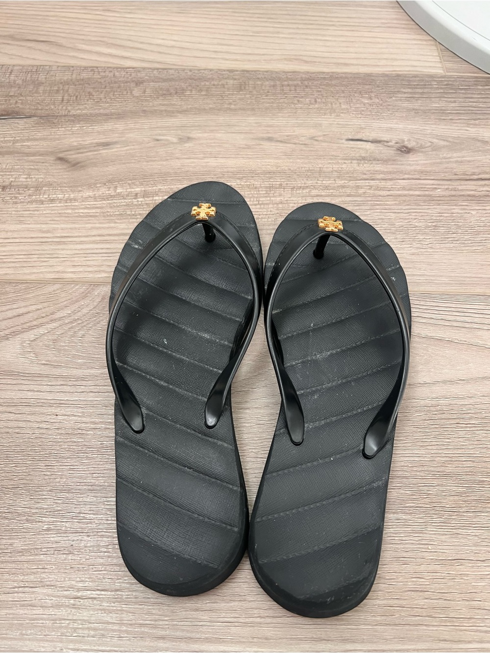 Tory Burch Black Flip Flop Sandals with Gold Logo Accent - Picture 2 of 3